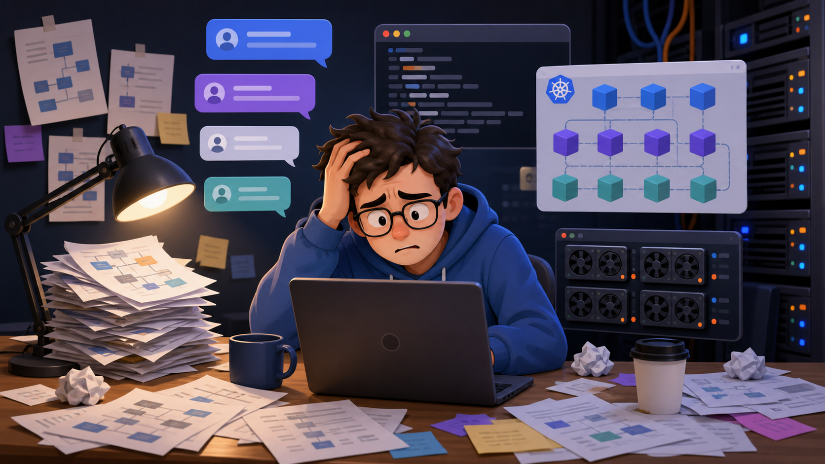 Cartoon illustration of manual GPU access with scattered notes and chat messages